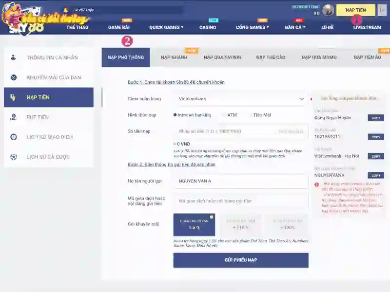 Nhiều hình thức nạp tiền trên Sky88